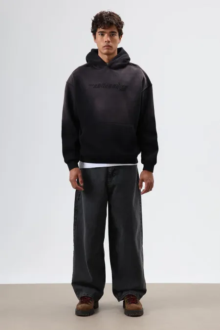 Sweat à capuche noir oversize imprimé et délavé