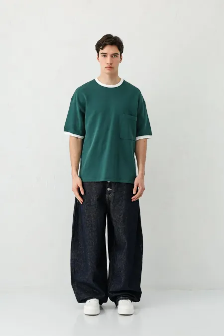 Kısa Kollu Oversize Cepli Tişört Nefti