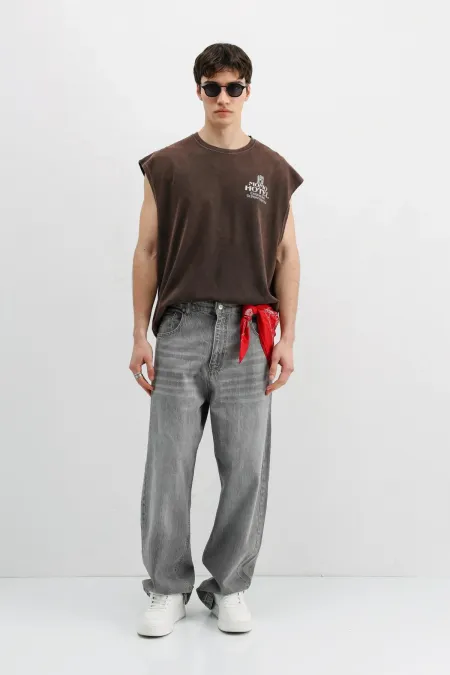 Baskılı Kolsuz Oversize Tişört Kahve