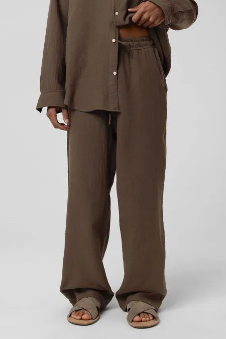 Baggy Fit Müslin Keten Pantolon Kahve