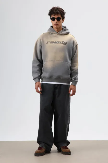 Sweat à capuche oversize imprimé délavé, gris fumé