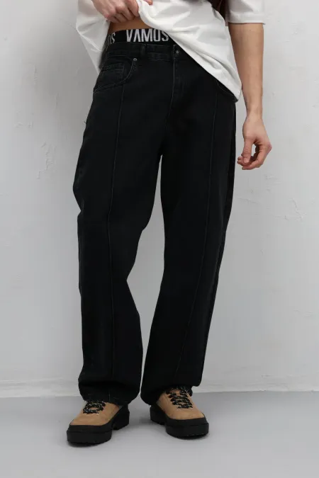 Dikiş Detaylı Relaxed Fit Jean Siyah