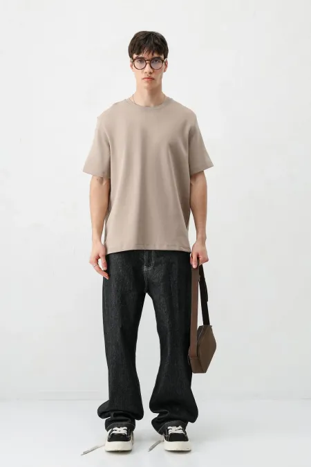 Kısa Kollu Boxy Fit Tişört Vizon