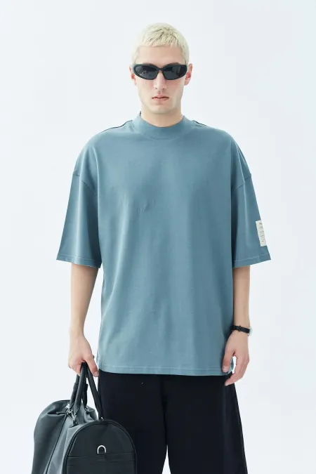 Balıkçı Yaka Etiket Detaylı Oversize Tişört - Açık Füme Füme