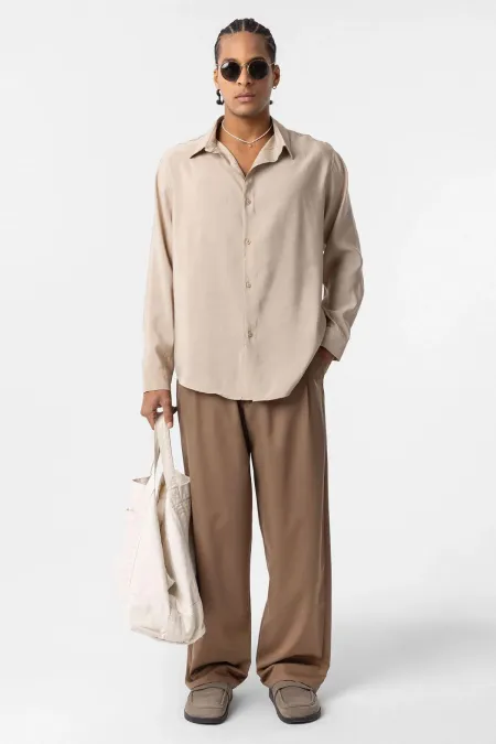 Oversize Modal Kumaş Gömlek Bej