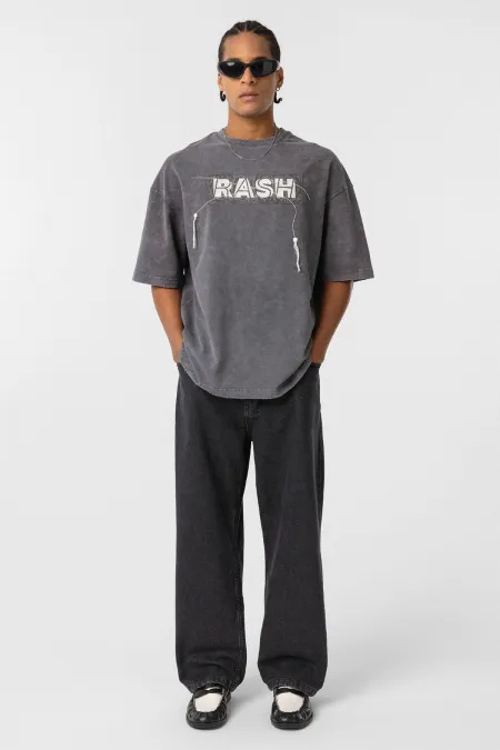 Yıkamalı Oversize Baskılı Tişört Füme