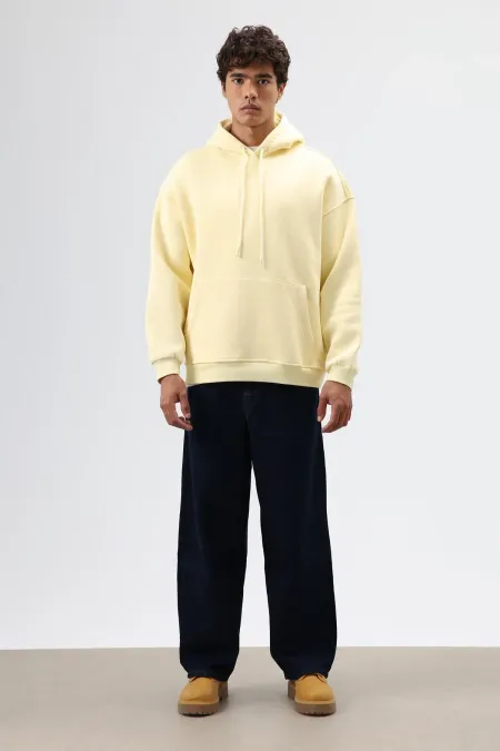 Basic Oversize Yıkamalı Hoodie Sarı
