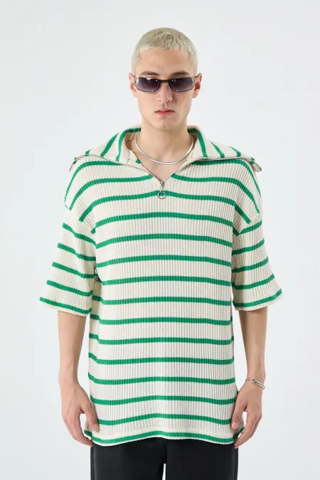 T-shirt en maille rayé oversize Benetton à col zippé