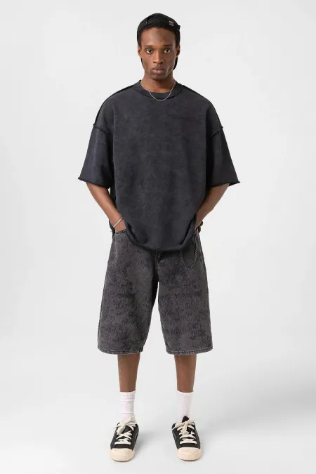 Yıkamalı Oversize Tişört Siyah
