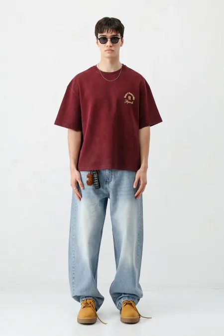 Kısa Kollu Boxy Fit Baskılı Tişört Bordo