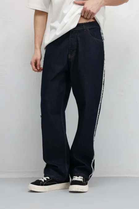 Yan Dikiş Detaylı Baggy Jean Koyu Mavi