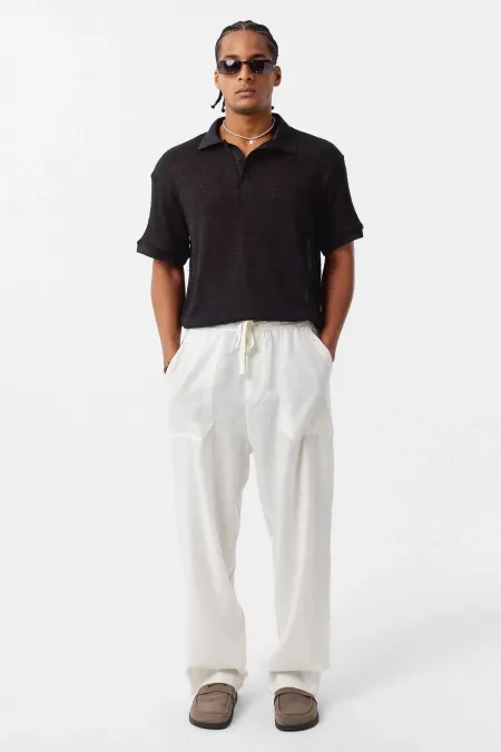 Polo Yaka Triko Oversize Tişört Siyah