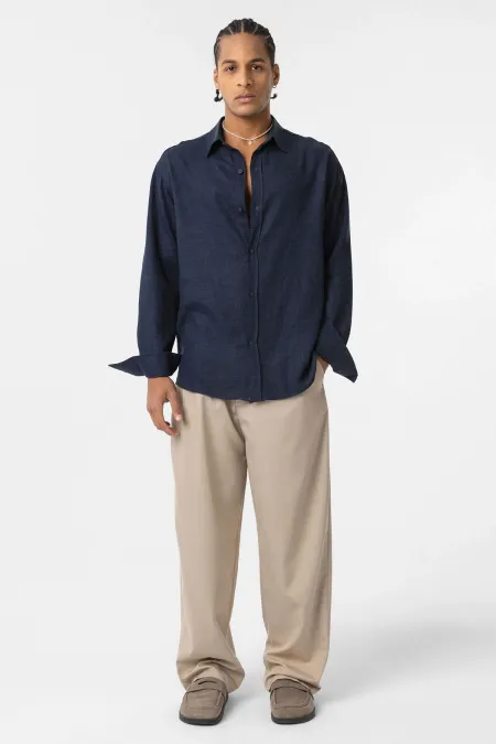Basic Oversize Uzun Kollu Keten Gömlek Lacivert