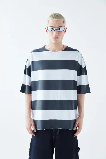 Dijital Baskılı Şeritli %100 Pamuk Oversize Tişört Füme
