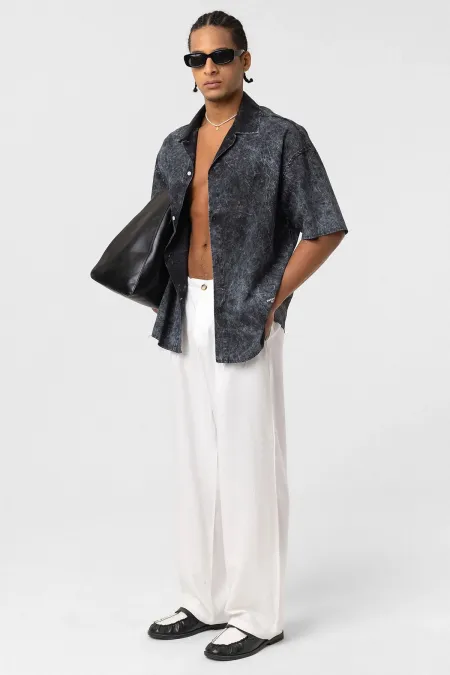 Yıkamalı Yazı Baskılı Oversize Kısa Kol Gömlek Siyah