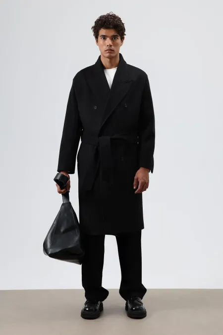 Oversize Kruvaze Kaşe Kaban Siyah