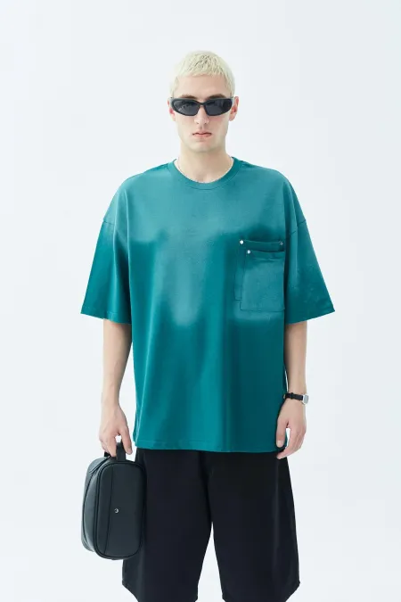 Yıkamalı Cep Detaylı Oversize Tişört Petrol