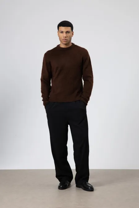 Oversize Yumuşak Dokulu Bisiklet Yaka Kazak Kahve