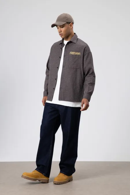 Oversize Baskılı Günlük Kareli Gömlek Kahve