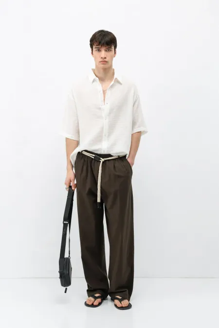 Kemer Detaylı Oversize Keten Pantolon Kahve