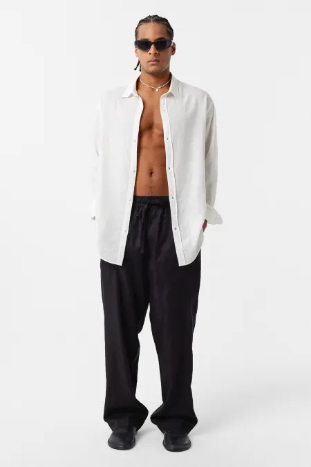 Basic Oversize Uzun Kollu Keten Gömlek Ekru