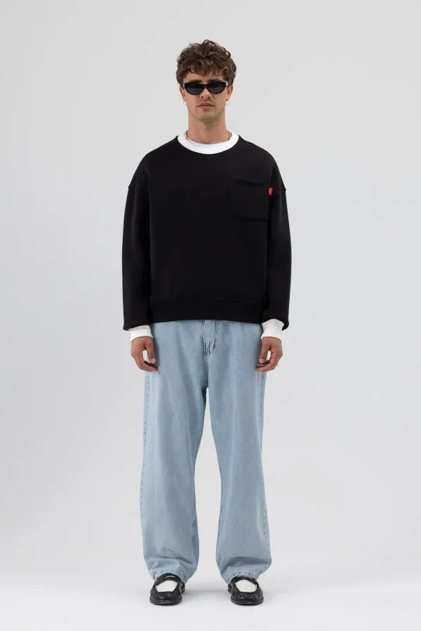Crew Neck Oversize Sweatshirt with Pocket Detail, Black