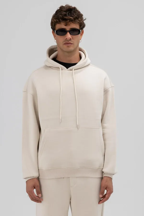 Basic Oversize Kapüşonlu Sweatshirt Taş
