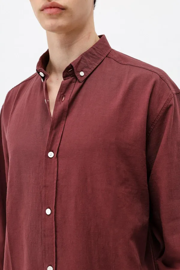 Basic Oversize Pamuk  Keten Gömlek Bordo