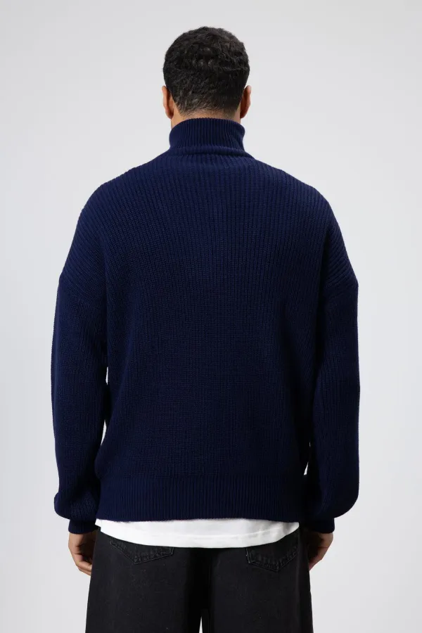 Yarım Fermuarlı Triko Kazak Lacivert