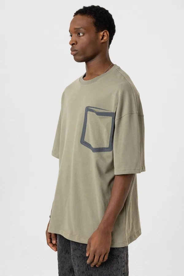 Bisiklet Yaka Cepli Oversize Tişört Haki