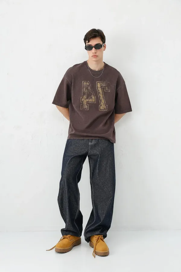Washed Printed Oversize T-Shirt, Coffee
