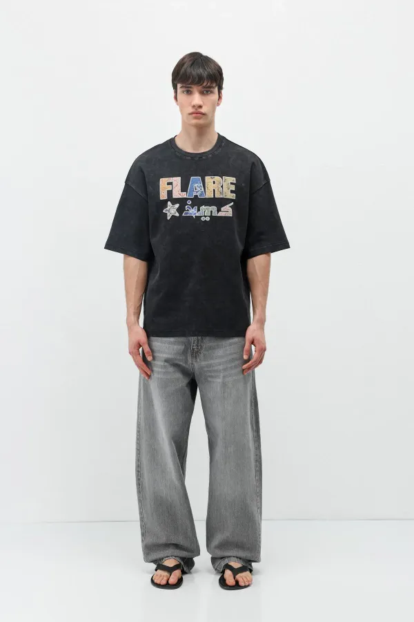 Baskılı Oversize Tişört Siyah