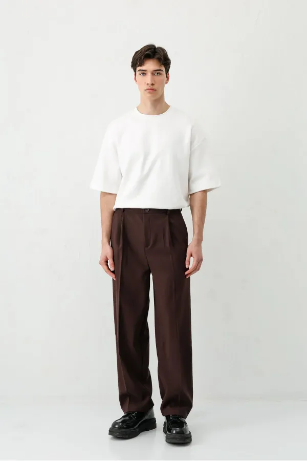 Baggy Fit Pleated Trousers, Brown