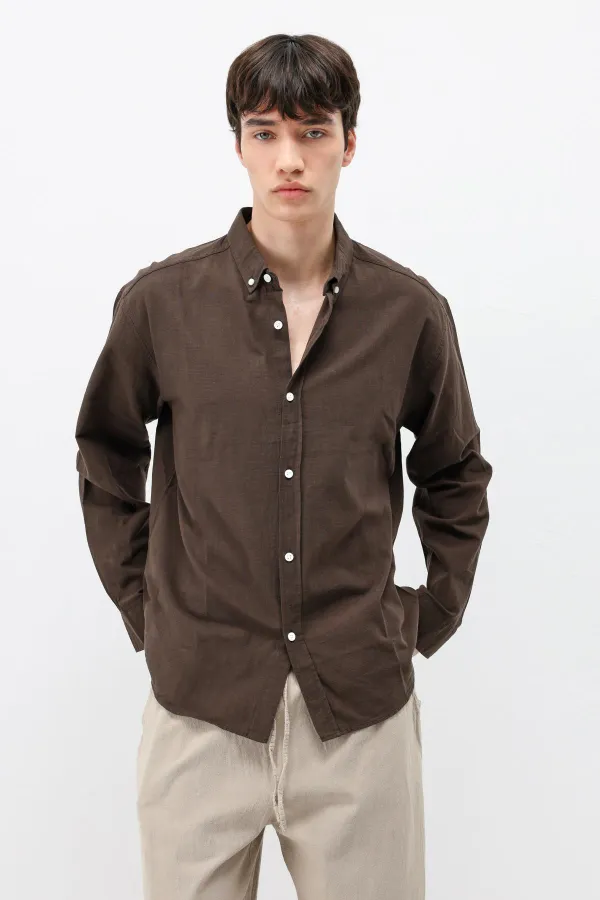 Basic Oversize Pamuk  Keten Gömlek Kahve