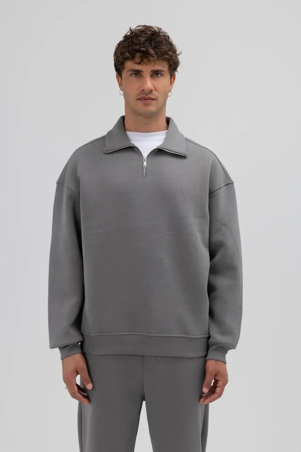 Oversize Fermuarlı Dik Yaka Sweatshirt Füme