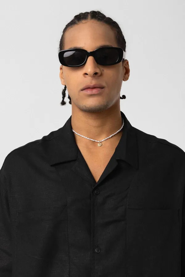 Çift Cepli Oversize Keten Gömlek Siyah