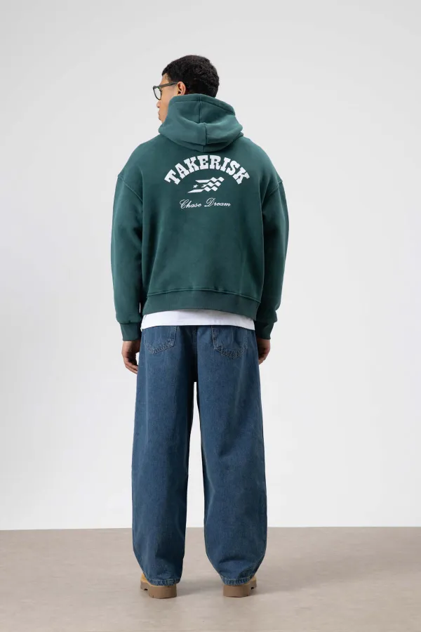 Oversize Yıkamalı Boxy Fit Kapüşonlu Sweatshirt Nefti