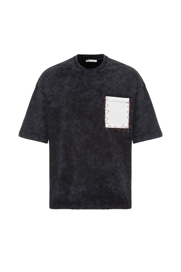 Yıkamalı Cep Detaylı Oversize Tişört Siyah