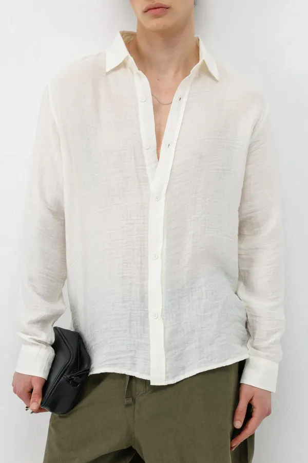 Dokulu Oversize Gömlek Ekru