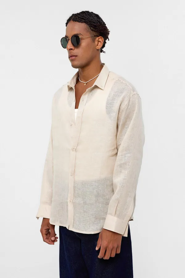 100% Linen Oversize Long-Sleeve Shirt Beige