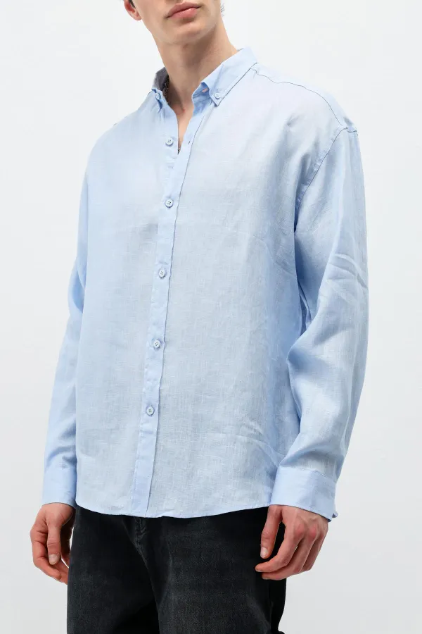 100% Linen Oversize Long-Sleeve Shirt, Baby Blue