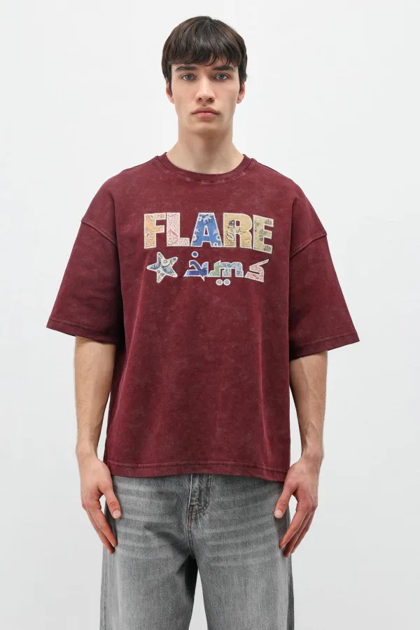 Baskılı Oversize Tişört Bordo