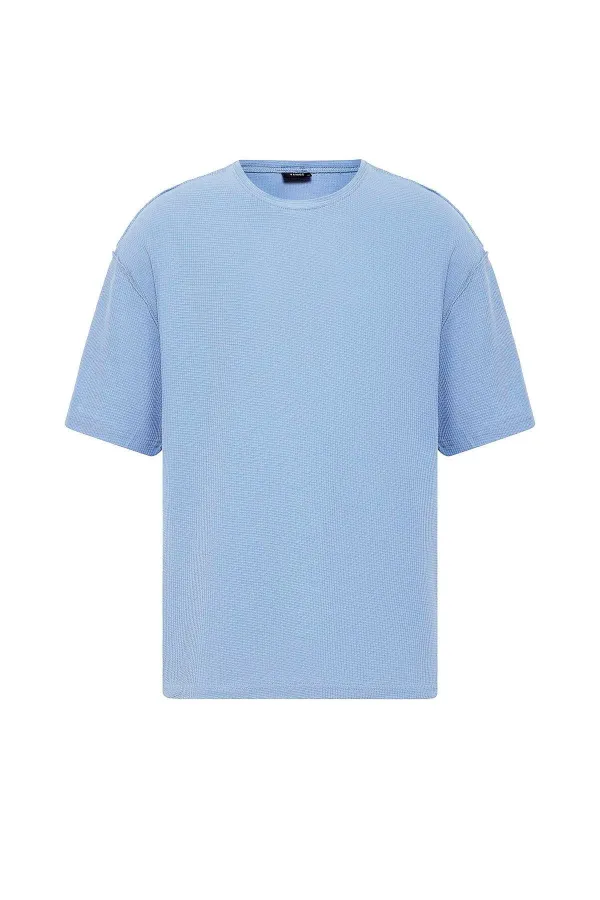 Arka Yazı Baskılı Oversize Triko Tişört Mavi