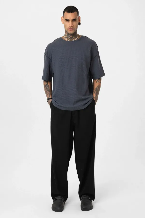 Arka Yazı Baskılı Oversize Triko Tişört Füme