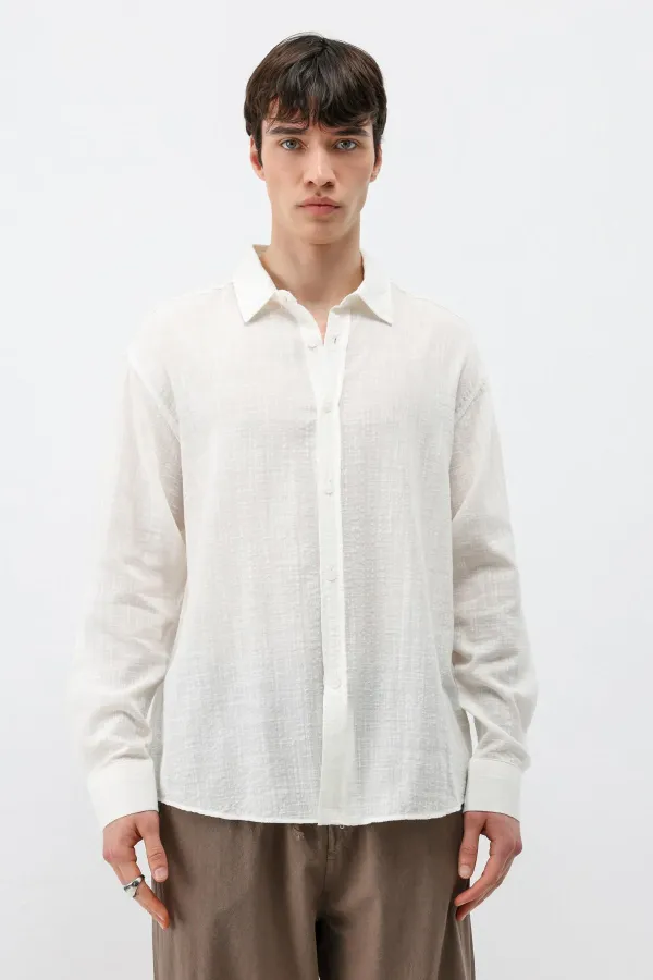 Textured Linen Look Oversize Shirt, Ecru