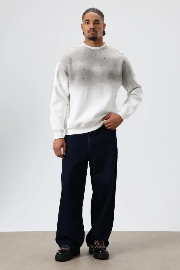 Sweat-shirt oversize à détails en pierre délavée, écru