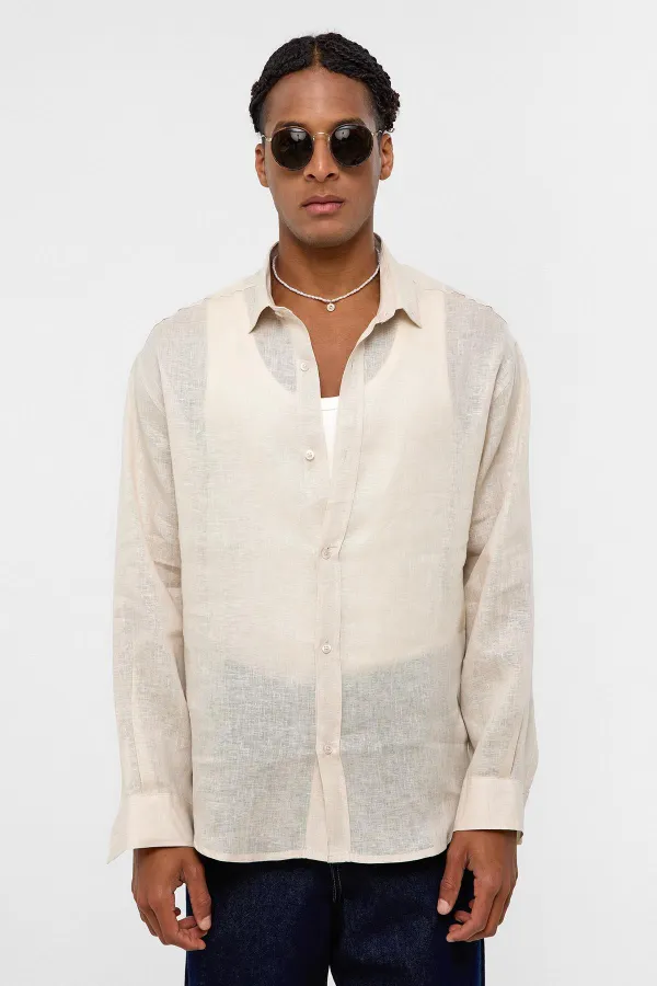100% Linen Oversize Long-Sleeve Shirt Beige