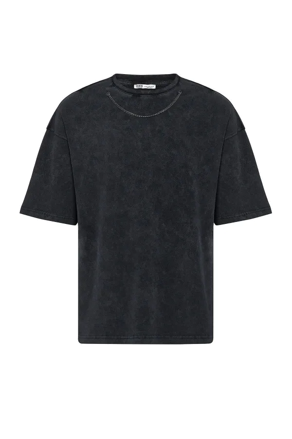 Washed Oversize T-Shirt with Chain Detail, Black