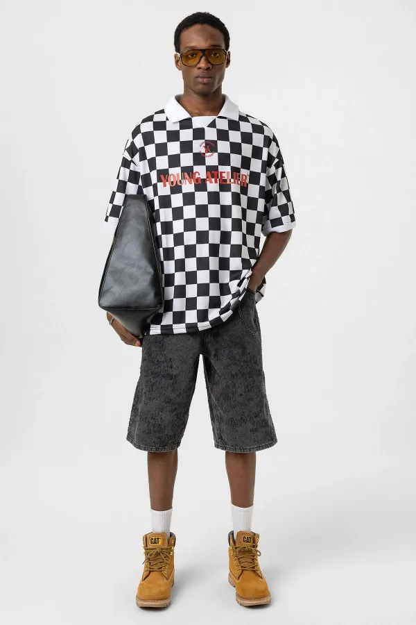 Oversize Polo Yaka Forma Tişört SİYAH/BEYAZ