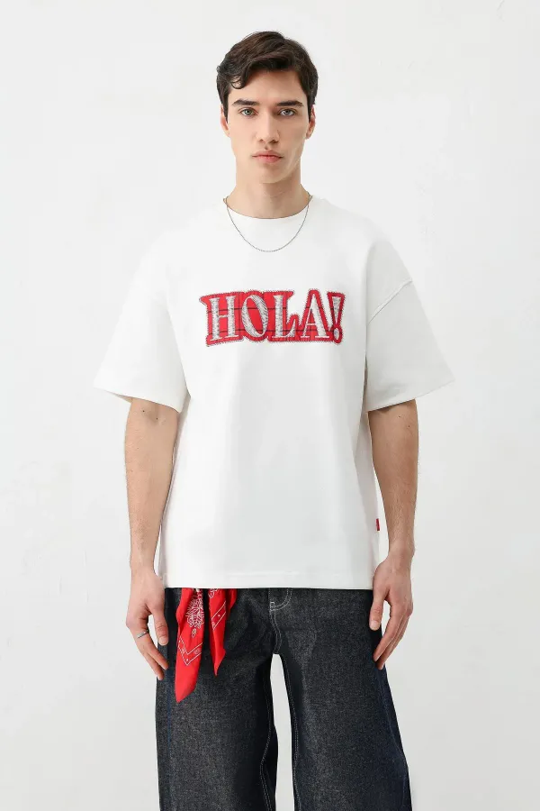 Yıkamalı Baskılı Oversize Tişört Ekru